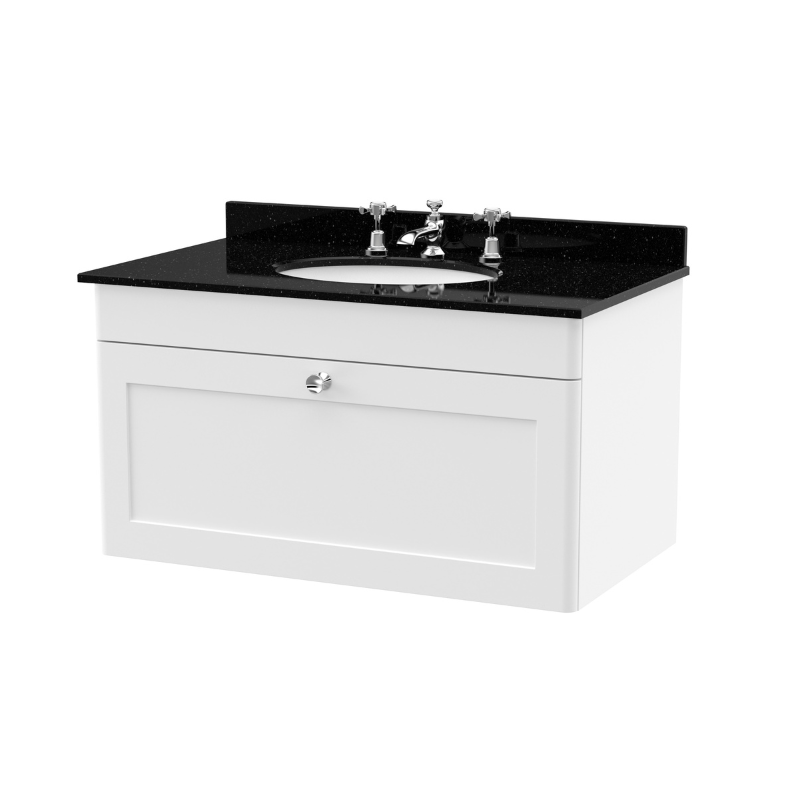 Nuie Classique 800mm Wall Hung 1 Drawer Vanity Unit With 3 Tap Hole Basin (1 size, Satin White) - Brand New Bathrooms
