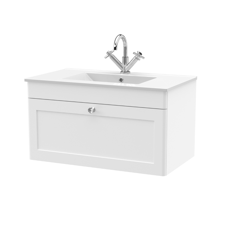 Nuie Classique 800mm Wall Hung Single Drawer Vanity Unit with Basin (1 size, Satin White) - Brand New Bathrooms