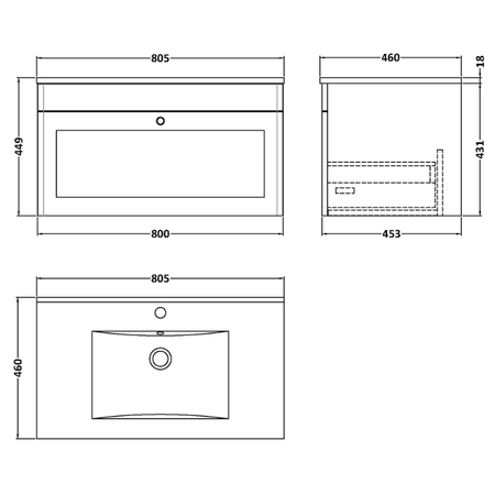 Nuie Classique 800mm Wall Hung Single Drawer Vanity Unit with Basin (1 size, Satin White) - Brand New Bathrooms