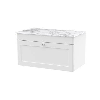 Nuie Classique 800mm Wall Hung Single Drawer Vanity with Marble Top (1 size, Satin White) - Brand New Bathrooms