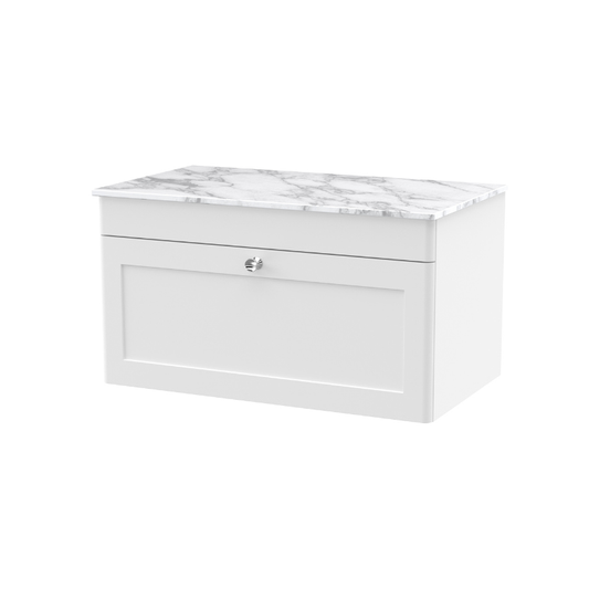 Nuie Classique 800mm Wall Hung Single Drawer Vanity with Marble Top (1 size, Satin White) - Brand New Bathrooms