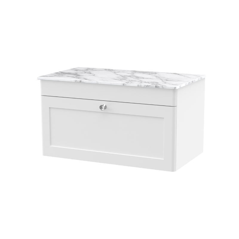 Nuie Classique 800mm Wall Hung Single Drawer Vanity with Marble Top (1 size, Satin White) - Brand New Bathrooms
