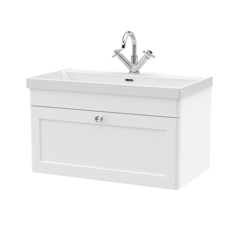 Nuie Classique 800mm Wall Hung Single Drawer Vanity with Basin - 1 Tap Hole (1 size, Satin White) - Brand New Bathrooms