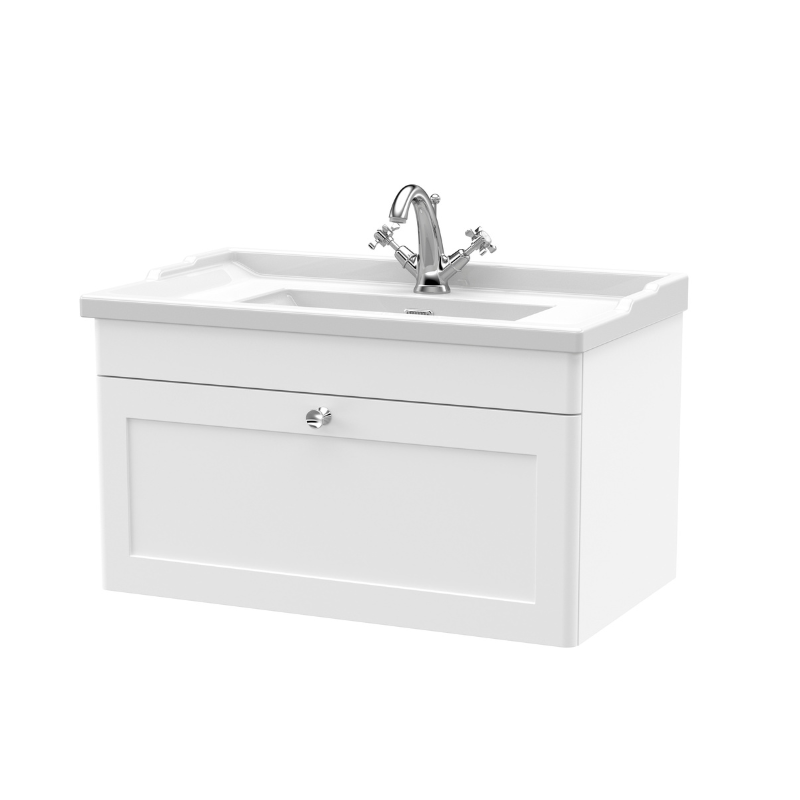 Nuie Classique 820mm Wall Hung 1 Drawer Vanity Unit with 1 Tap Hole Basin and Chrome Handle (1 size, Satin White) - Brand New Bathrooms