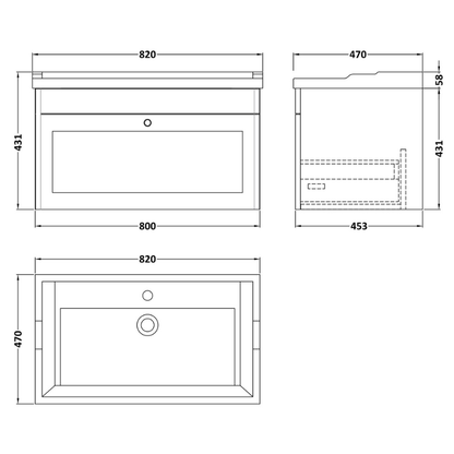 Nuie Classique 820mm Wall Hung 1 Drawer Vanity Unit with 1 Tap Hole Basin and Chrome Handle (1 size, Satin White) - Brand New Bathrooms