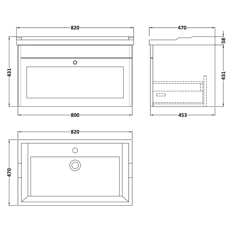 Nuie Classique 820mm Wall Hung 1 Drawer Vanity Unit with 1 Tap Hole Basin and Chrome Handle (1 size, Satin White) - Brand New Bathrooms
