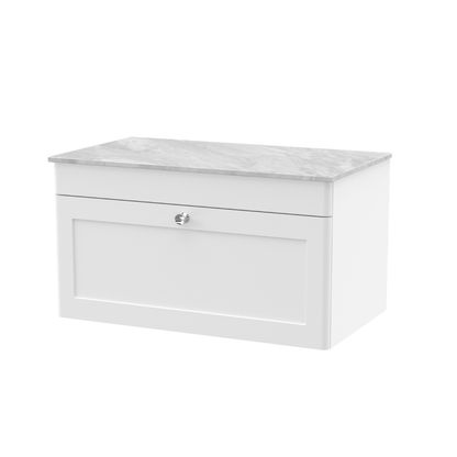 Nuie Classique 800mm Wall Hung Single Drawer Vanity with Marble Top (1 size, Satin White) - Brand New Bathrooms