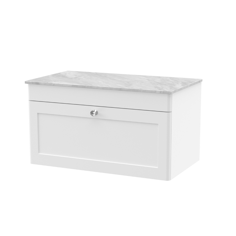 Nuie Classique 800mm Wall Hung Single Drawer Vanity with Marble Top (1 size, Satin White) - Brand New Bathrooms