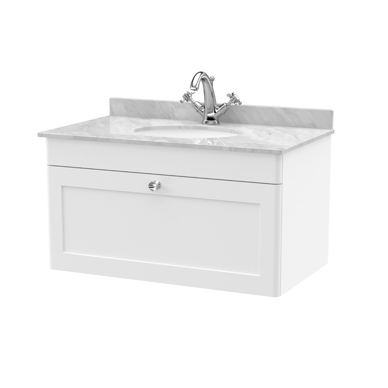 Nuie Classique 800mm Wall Hung 1 Drawer Vanity Unit With 1 Tap Hole Basin & Handle (1 size, Satin White) - Brand New Bathrooms