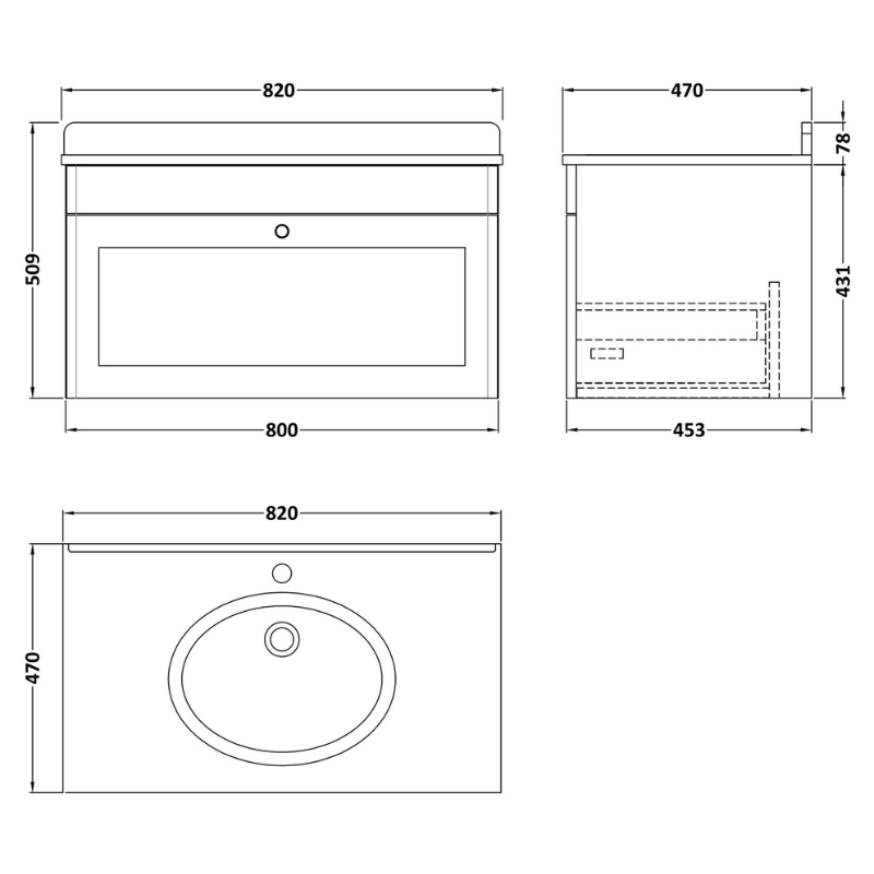 Nuie Classique 800mm Wall Hung 1 Drawer Vanity Unit With 1 Tap Hole Basin & Handle (1 size, Satin White) - Brand New Bathrooms