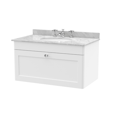 Nuie Classique 800mm Wall Hung 1 Drawer Unit with 3 Tap Hole Marble Top & Basin (1 size, Satin White) - Brand New Bathrooms