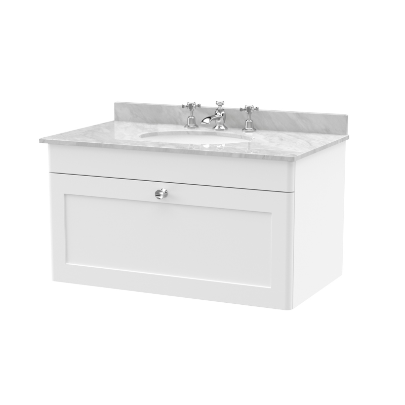 Nuie Classique 800mm Wall Hung 1 Drawer Unit with 3 Tap Hole Marble Top & Basin (1 size, Satin White) - Brand New Bathrooms