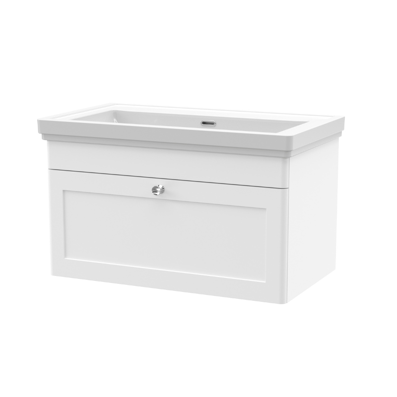 Nuie Classique 800mm Wall Hung 1 Drawer Vanity Unit With Basin (1 size, Satin White) - Brand New Bathrooms