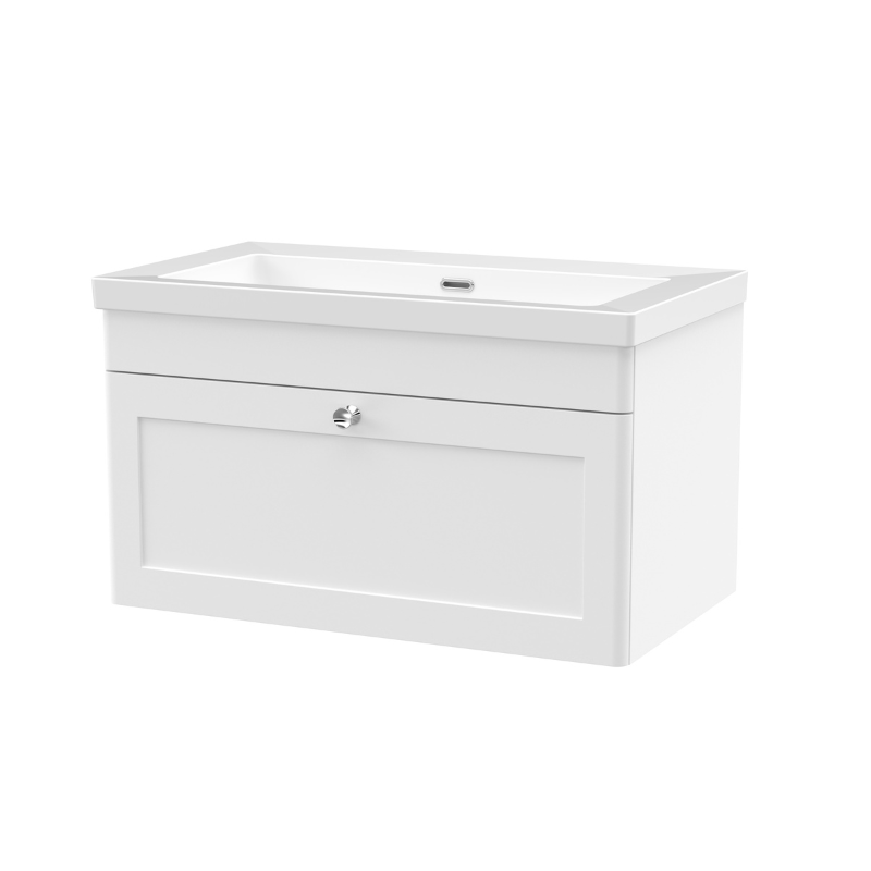 Nuie Classique 800mm Wall Hung Single Drawer Vanity with Basin - 0 Tap Hole (1 size, Satin White) - Brand New Bathrooms