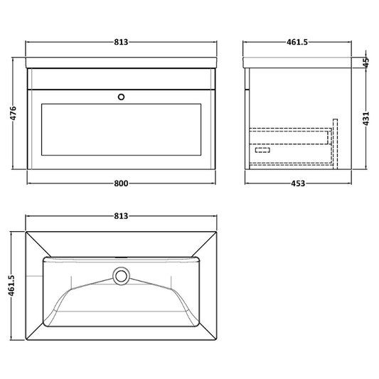 Nuie Classique 800mm Wall Hung Single Drawer Vanity with Basin - 0 Tap Hole (1 size, Satin White) - Brand New Bathrooms