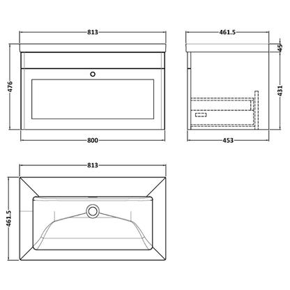 Nuie Classique 800mm Wall Hung Single Drawer Vanity with Basin - 0 Tap Hole (1 size, Satin White) - Brand New Bathrooms