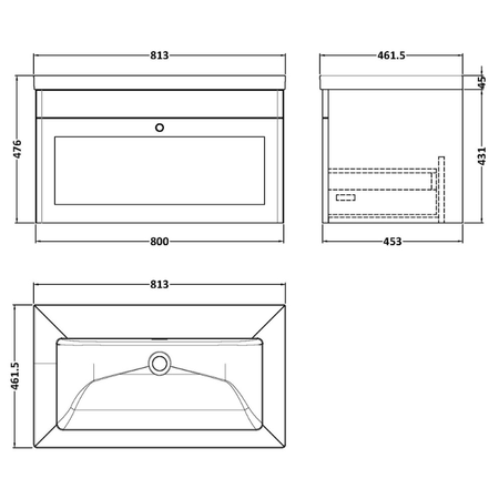 Nuie Classique 800mm Wall Hung Single Drawer Vanity with Basin - 0 Tap Hole (1 size, Satin White) - Brand New Bathrooms