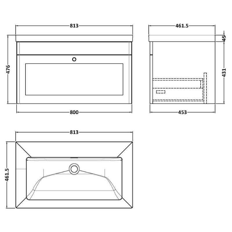 Nuie Classique 800mm Wall Hung Single Drawer Vanity with Basin - 0 Tap Hole (1 size, Satin White) - Brand New Bathrooms
