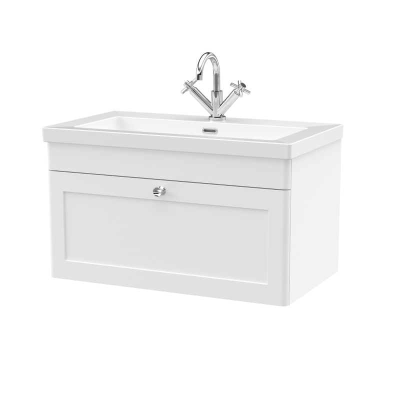 Nuie Classique 800mm Wall Hung Single Drawer Vanity Unit With Basin (1 size, Satin White) - Brand New Bathrooms