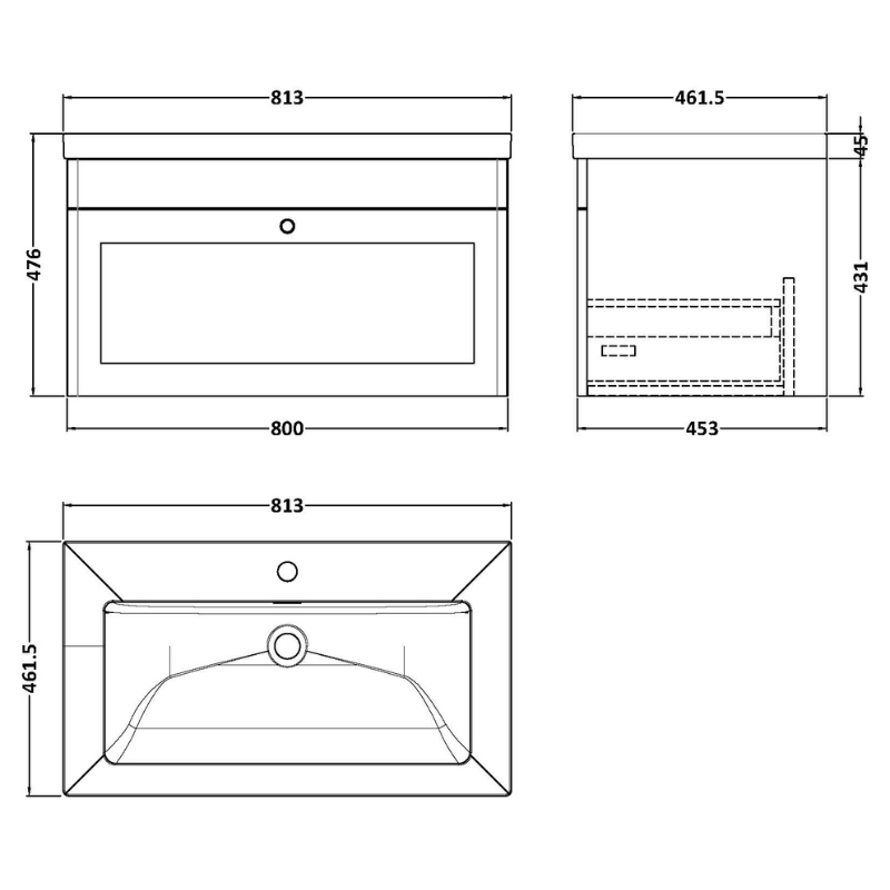 Nuie Classique 800mm Wall Hung Single Drawer Vanity Unit With Basin (1 size, Satin White) - Brand New Bathrooms