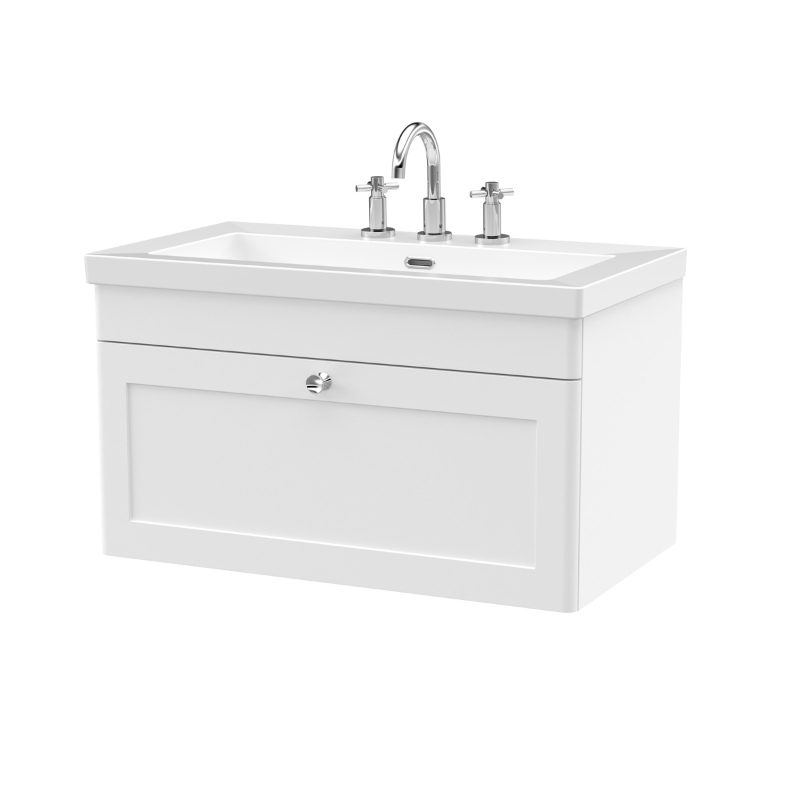 Nuie Classique 800mm Wall Hung Single Drawer Vanity Unit with 3 Tap Hole Basin (1 size, Satin White) - Brand New Bathrooms