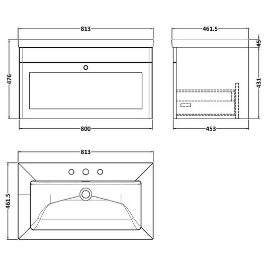 Nuie Classique 800mm Wall Hung Single Drawer Vanity Unit with 3 Tap Hole Basin (1 size, Satin White) - Brand New Bathrooms