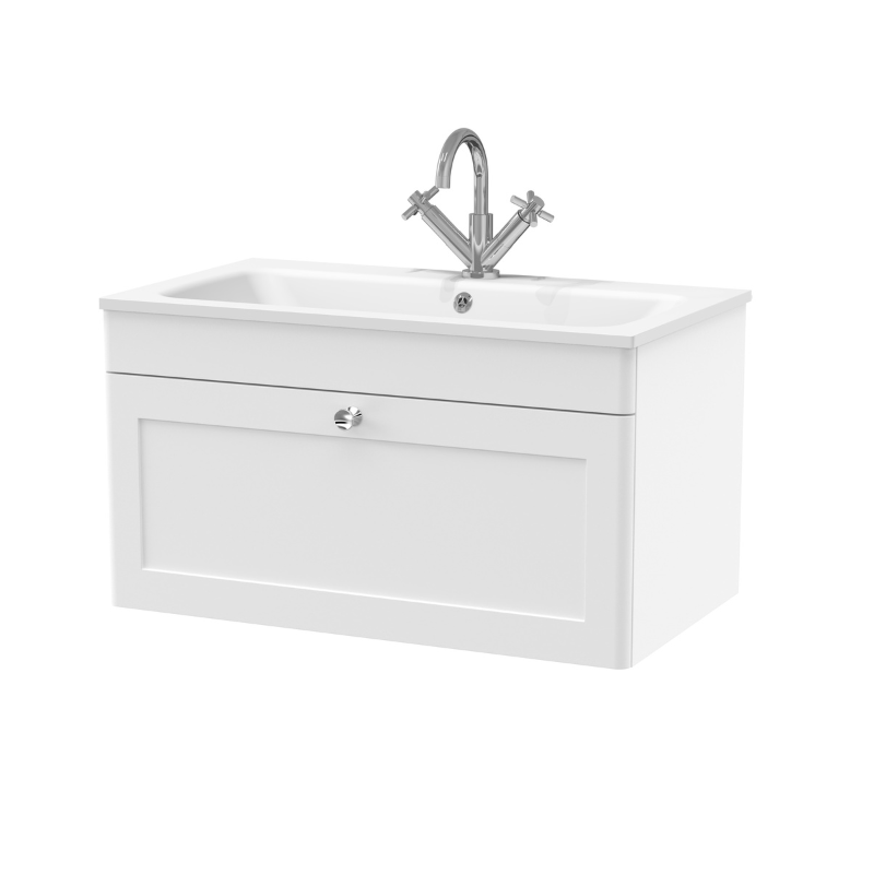 Nuie Classique 800mm Wall Hung 1 Drawer Vanity Basin Unit & 1 Tap Hole Stone Basin (1 size, Satin White) - Brand New Bathrooms