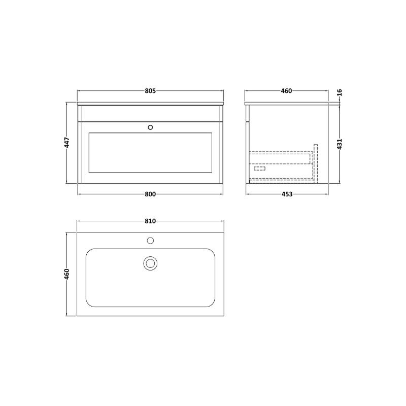 Nuie Classique 800mm Wall Hung 1 Drawer Vanity Basin Unit & 1 Tap Hole Stone Basin (1 size, Satin White) - Brand New Bathrooms