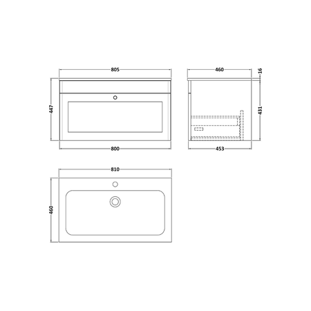 Nuie Classique 800mm Wall Hung 1 Drawer Vanity Basin Unit & 1 Tap Hole Stone Basin (1 size, Satin White) - Brand New Bathrooms