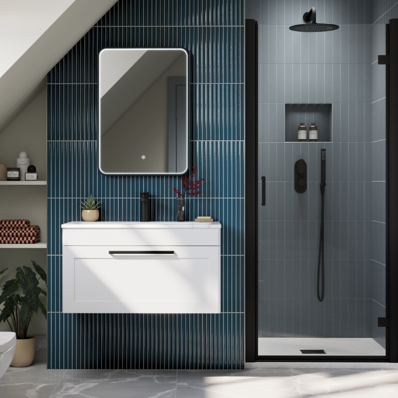 Nuie Classique 800mm Wall Hung 1 Drawer Vanity Basin Unit & 1 Tap Hole Stone Basin (1 size, Satin White) - Brand New Bathrooms