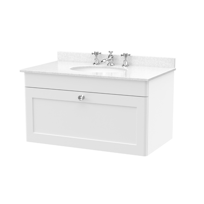 Nuie Classique 800mm Wall Hung 1 Drawer Vanity Unit With 3 Tap Hole Marble Top & Oval Basin  (1 size, Satin White) - Brand New Bathrooms
