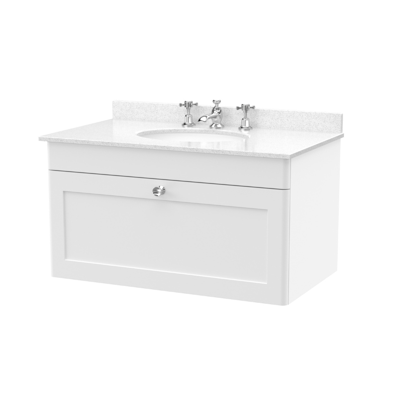 Nuie Classique 800mm Wall Hung 1 Drawer Vanity Unit With 3 Tap Hole Marble Top & Oval Basin  (1 size, Satin White) - Brand New Bathrooms