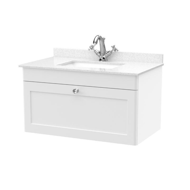 Nuie Classique 800mm Wall Hung 1 Drawer Vanity Unit with Square Basin, 1 Tap Hole & Handle (1 size, Satin White) - Brand New Bathrooms