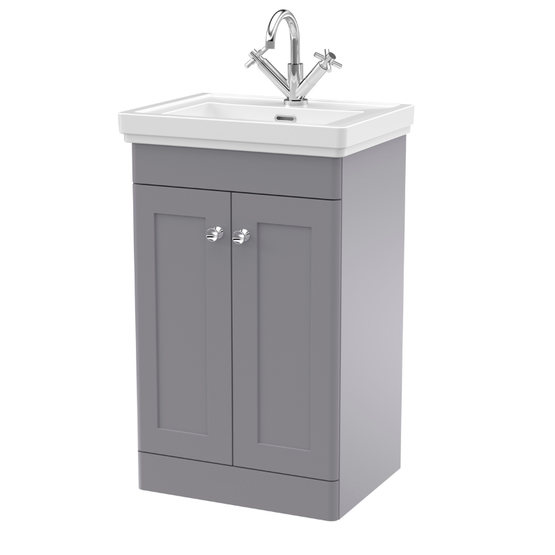 Nuie Classique 500mm Floor Standing 2-Door Vanity & Basin 1TH (1 size, Satin Grey) - Brand New Bathrooms