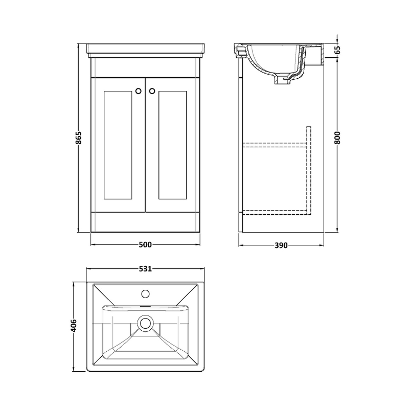 Nuie Classique 500mm Floor Standing 2-Door Vanity & Basin 1TH (1 size, Satin Grey) - Brand New Bathrooms