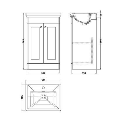 Nuie Classique 500mm Floor Standing 2-Door Vanity & Basin 1TH (1 size, Satin Grey) - Brand New Bathrooms