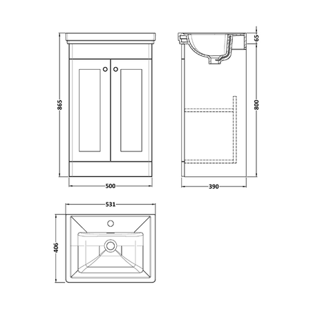 Nuie Classique 500mm Floor Standing 2-Door Vanity & Basin 1TH (1 size, Satin Grey) - Brand New Bathrooms