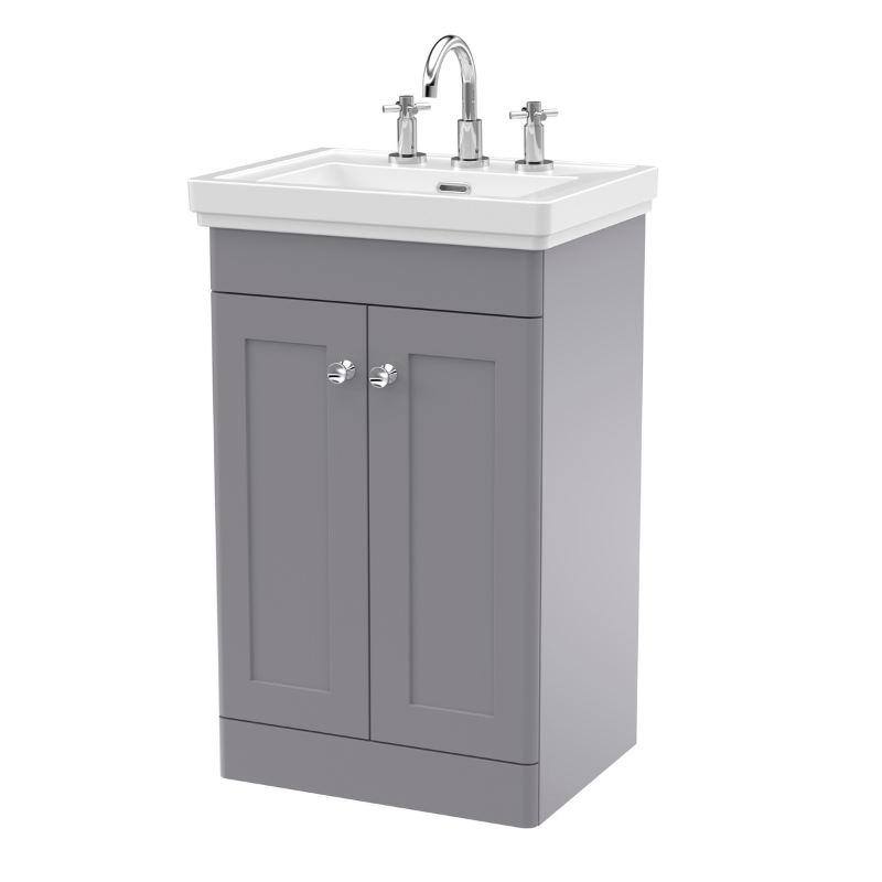 Nuie Classique 500mm Floor Standing 2-Door Vanity & Basin 3TH (1 size, Satin Grey) - Brand New Bathrooms