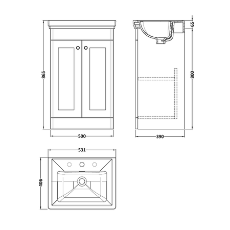 Nuie Classique 500mm Floor Standing 2-Door Vanity & Basin 3TH (1 size, Satin Grey) - Brand New Bathrooms