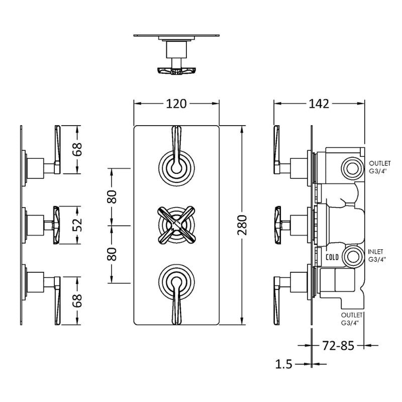 Nuie Aztec Triple Thermostatic Concealed Shower Valve with Diverter - 3 Outlet (1 size, Brushed Brass) - Brand New Bathrooms