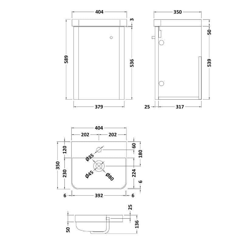 Nuie Core Wall Hung 1 Door Vanity Basin Unit & Ceramic Basin (1 size, 3 colours) - Brand New Bathrooms