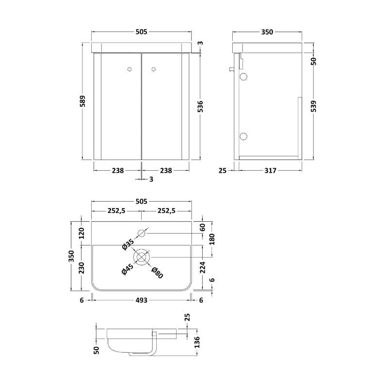 Nuie Core Wall Hung 2 Door Vanity Basin Unit & Ceramic Basin (3 sizes, 3 Colours) - Brand New Bathrooms
