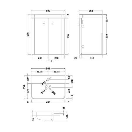 Nuie Core Wall Hung 2 Door Vanity Basin Unit & Ceramic Basin (3 sizes, 3 Colours) - Brand New Bathrooms