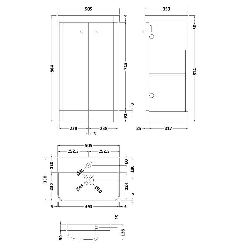 Nuie Core Floor Standing 2 Door Vanity Basin Unit & Ceramic Basin (3 sizes, 3 Colours) - Brand New Bathrooms
