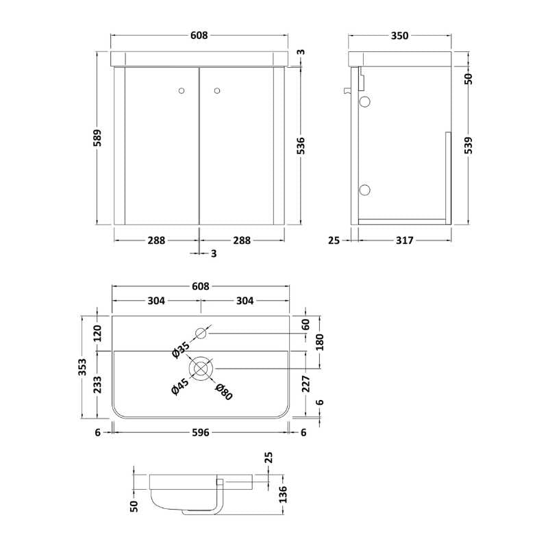 Nuie Core Wall Hung 2 Door Vanity Basin Unit & Ceramic Basin (3 sizes, 3 Colours) - Brand New Bathrooms