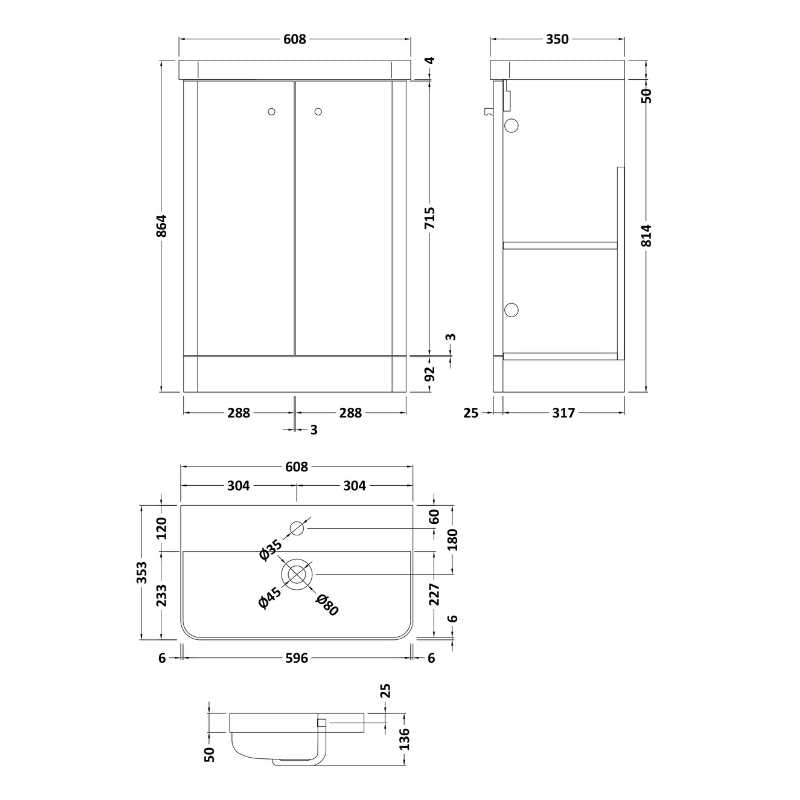 Nuie Core Floor Standing 2 Door Vanity Basin Unit & Ceramic Basin (3 sizes, 3 Colours) - Brand New Bathrooms