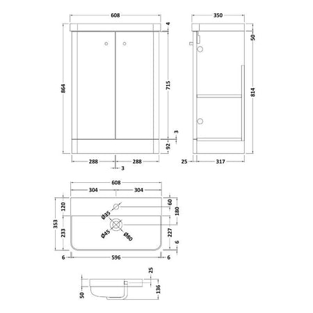 Nuie Core Floor Standing 2 Door Vanity Basin Unit & Ceramic Basin (3 sizes, 3 Colours) - Brand New Bathrooms