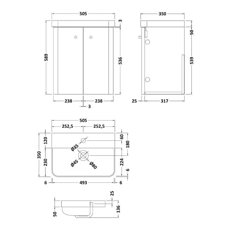 Nuie Core Wall Hung 2 Door Vanity Basin Unit & Ceramic Basin (3 sizes, 3 Colours) - Brand New Bathrooms