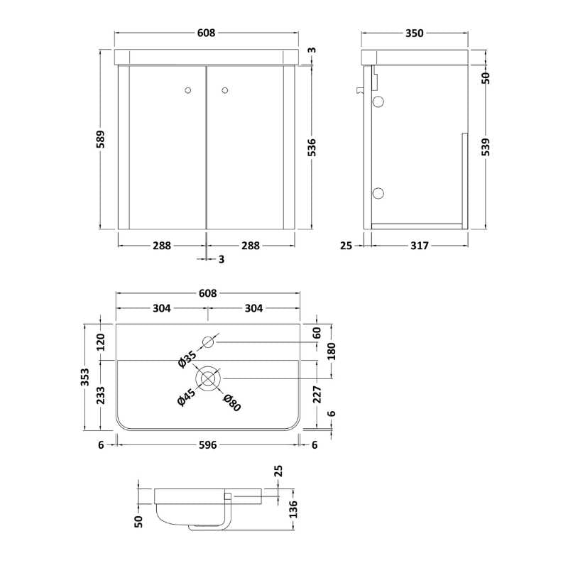 Nuie Core Wall Hung 2 Door Vanity Basin Unit & Ceramic Basin (3 sizes, 3 Colours) - Brand New Bathrooms