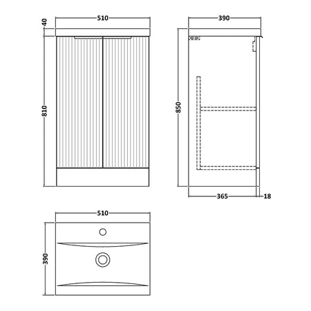 Hudson Reed Fluted Floor Standing Double Door 500mm Vanity and Mid-Edge Ceramic Basin (1 size, 5 colours) - Brand New Bathrooms